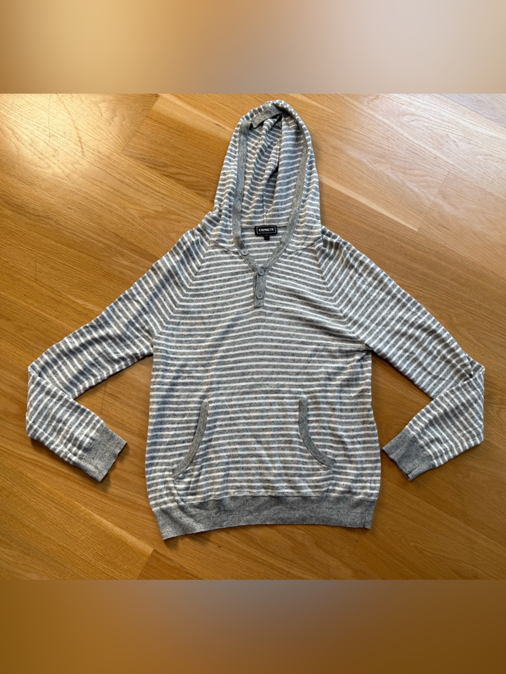 Express Gray & White Striped Hooded Knit Sweater